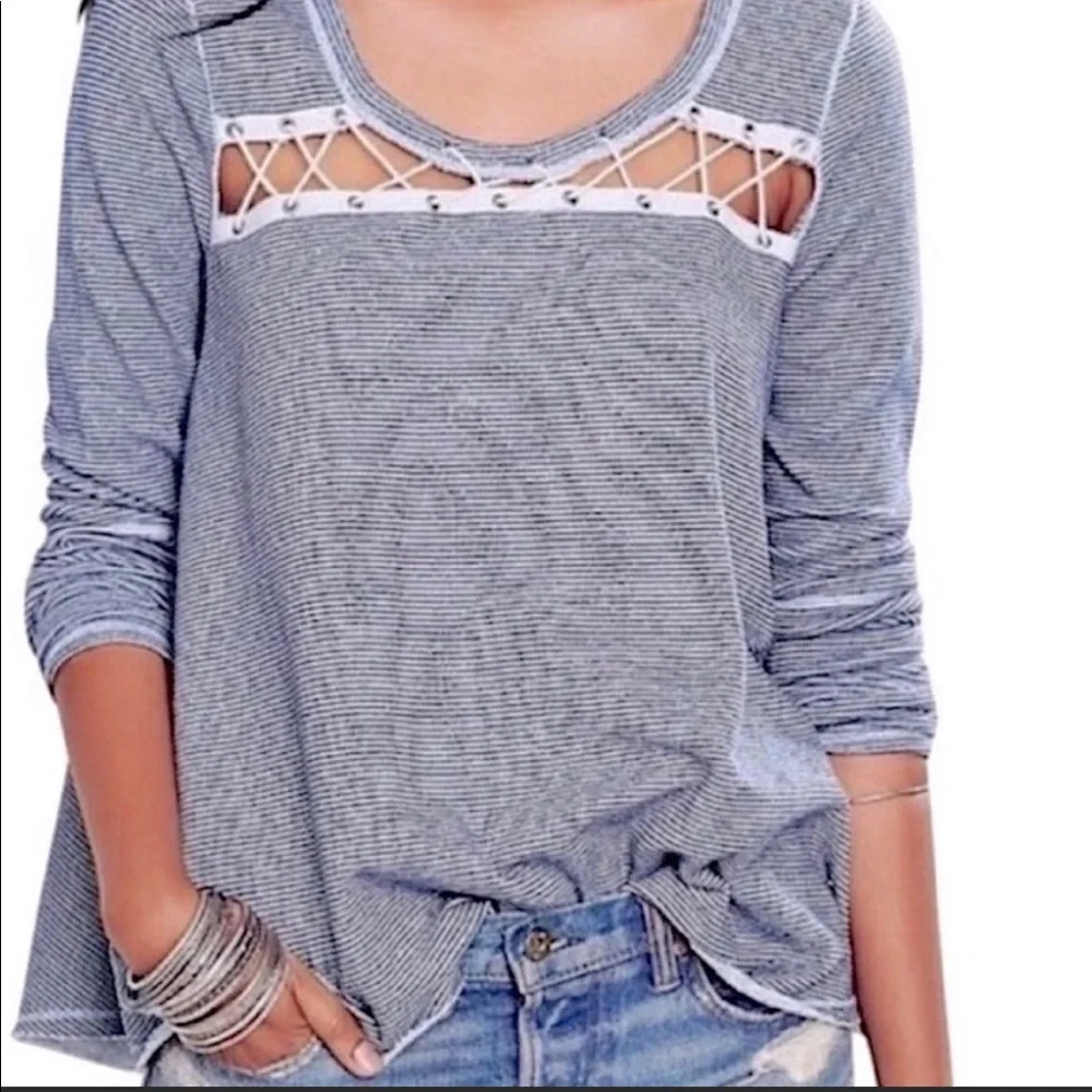 Free People Lacey Love Pullover Top Long Sleeve Blue White Stripe Size XS